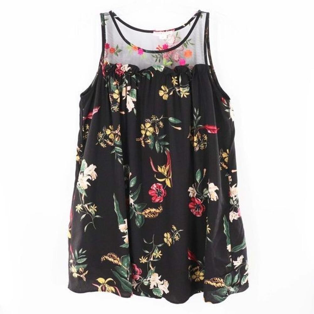 Loveriche Tunic Top M Black Sheer Mesh Multicolor Floral Embroidered Sleeveless